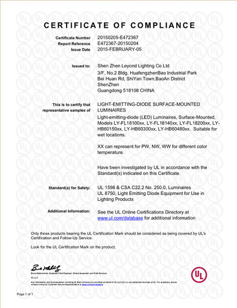 Китай Shenzhen Leyond Lighting Co.,Ltd. Сертификаты